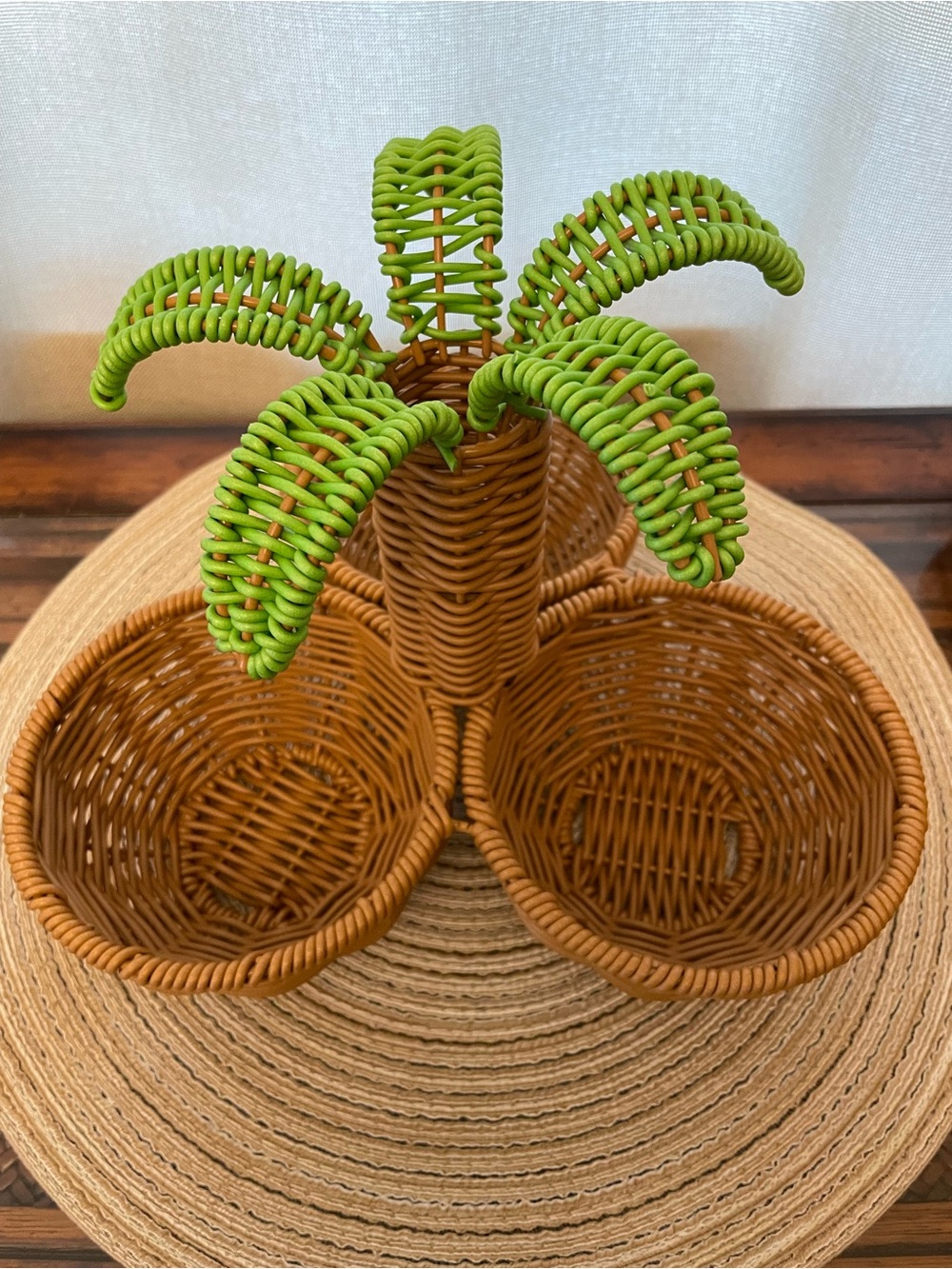 Ciroa Woven Palm-Top Three-Basket Organizer/Caddy- Green & Brown